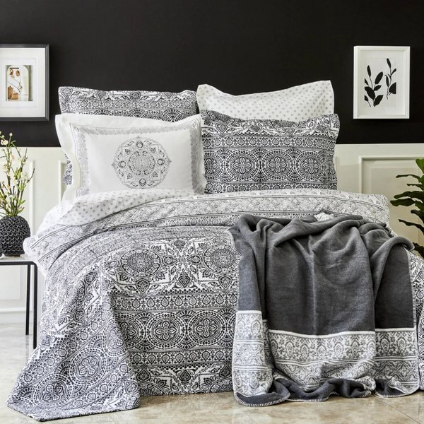 Набор постельное белье с покрывалом + плед Karaca Home - Bonar siyah черный евро (8)