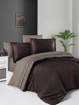 Постельное белье First Choice евро размер сатин де люкс двухцветный -  dark brown/mink