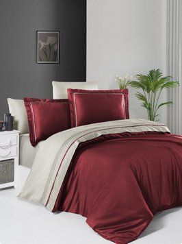 Постельное белье First Choice евро размер сатин де люкс двухцветный -  dark red/beige