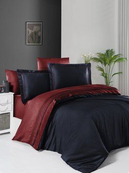 Постельное белье First Choice евро размер сатин де люкс двухцветный -  navy blue/dark red