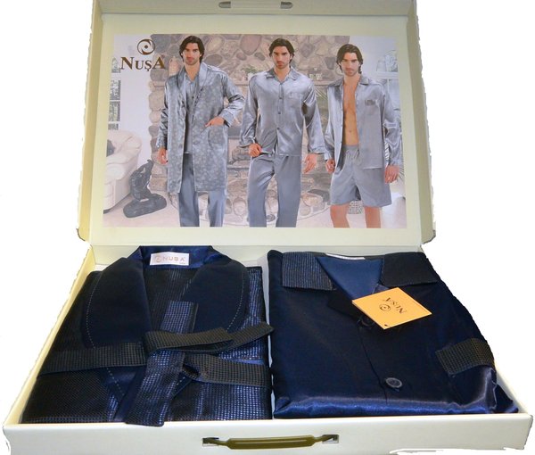 Мужской набор шелк пижама с халатом Nusa 9700-01 синий