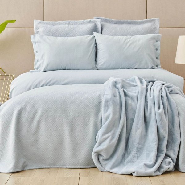 Набор постельное белье с покрывалом + плед Karaca Home - Infinity New a.mavi голубой евро (8)